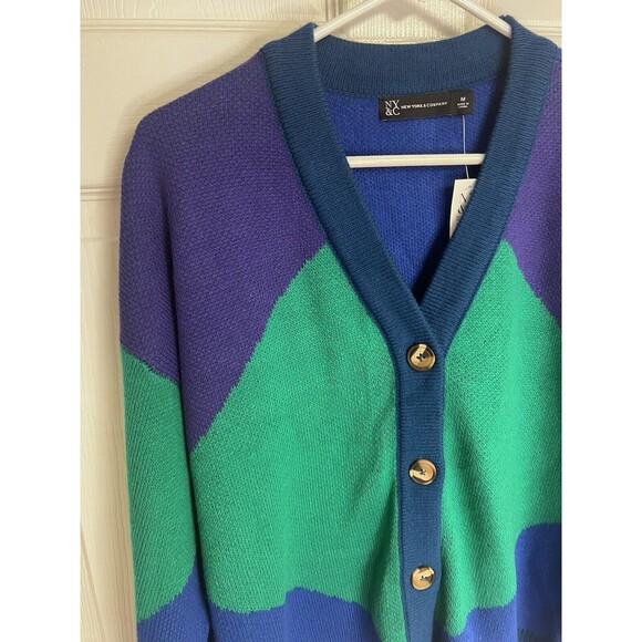 New York & Company Color Block Women's Sweater Cardigan M Medium Blue Green - Picture 2 of 9